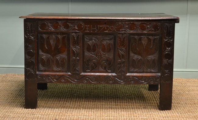 Oak Beautifully Carved Inscribed Antique Coffer.