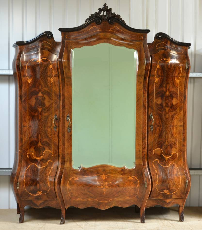 Large, Ornate, Figured Walnut French Antique Bombe Wardrobe.