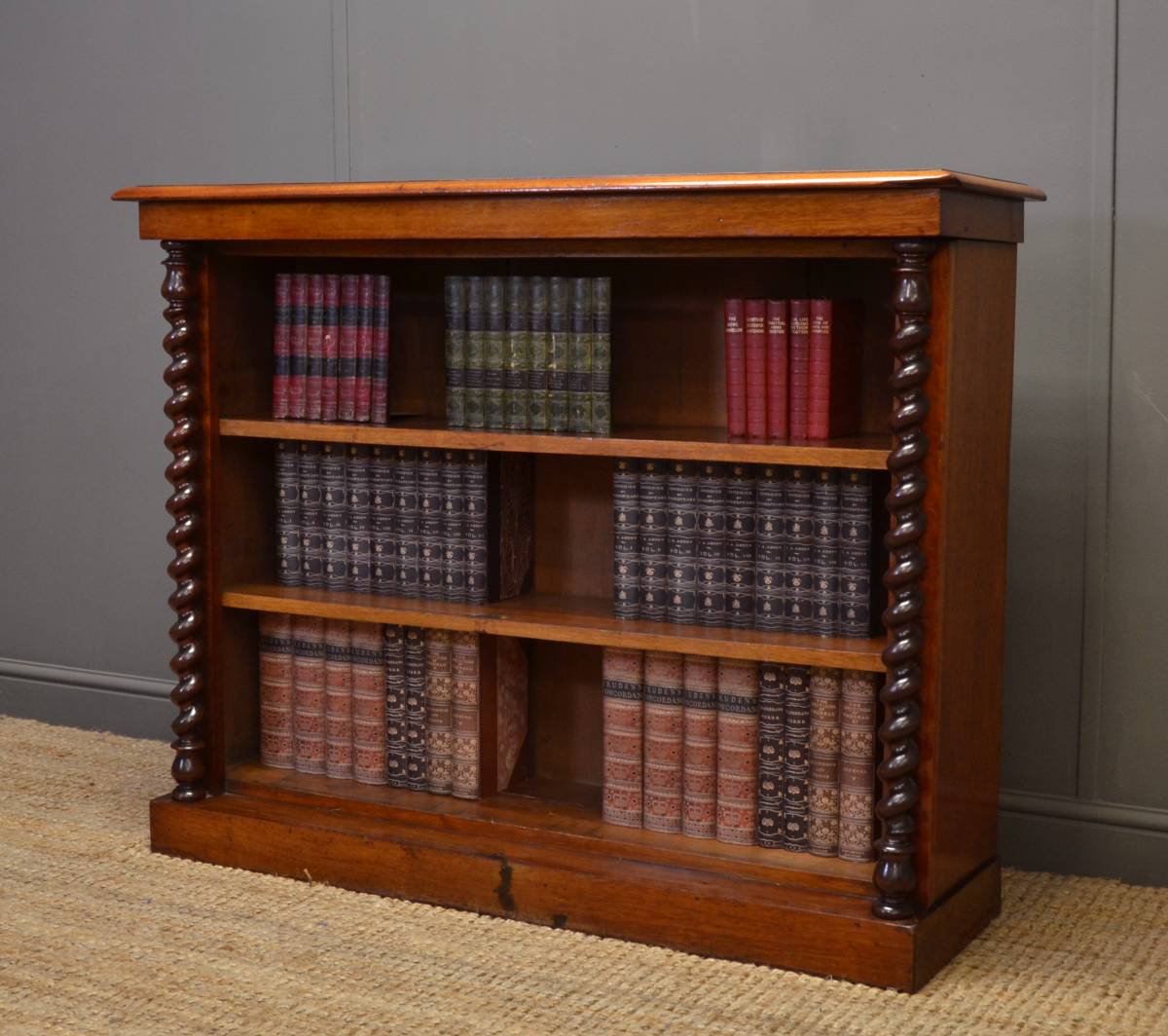 Victorian Mahogany Antique Open Bookcase with Barley Twist Columns.