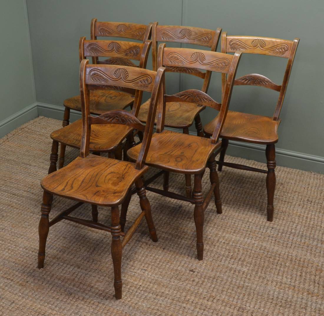  Set  of Six Victorian Elm Antique Country Kitchen Chairs  