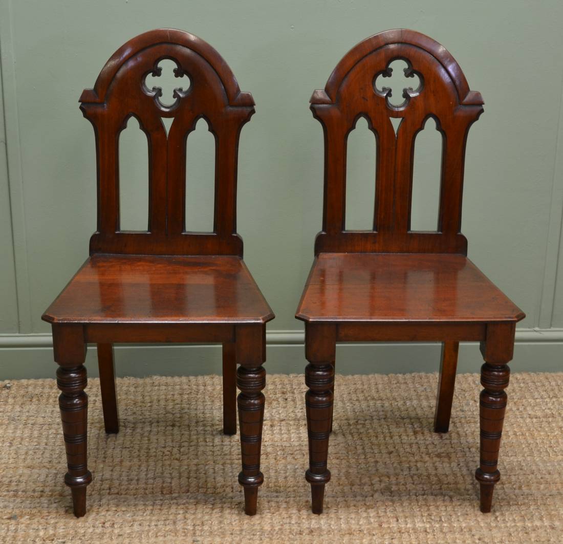 Pair of Antique Victorian Walnut Gothic Hall Chairs
