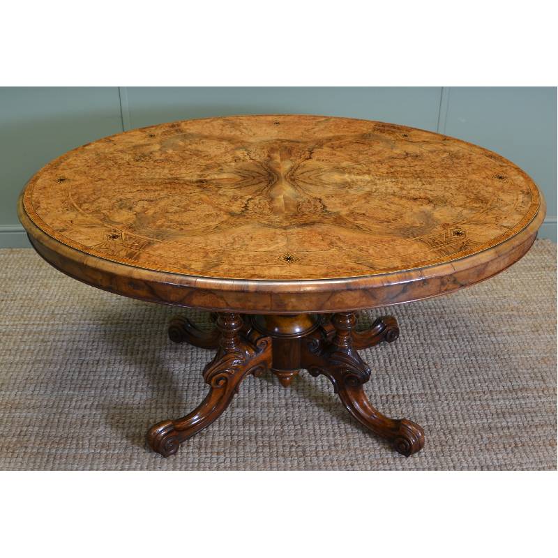 Magnificent Quality Figured Walnut Inlaid Oval Antique Dining Table. Antiques World