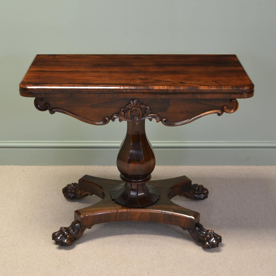 Striking Rosewood Regency Antique Games / Card Table with Lion Paw Feet