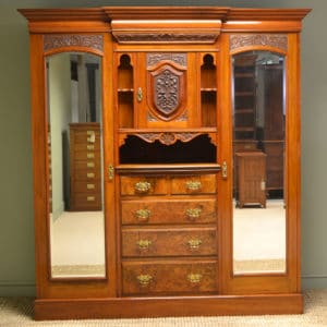 Walnut Victorian Antique Triple Wardrobe with mirror fronts