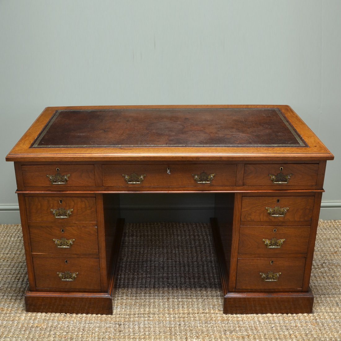 Quality Arts And Crafts Victorian Antique Walnut Pedestal Desk