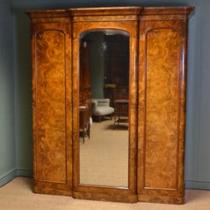 Victorian Figured Walnut Antique Triple Wardrobe