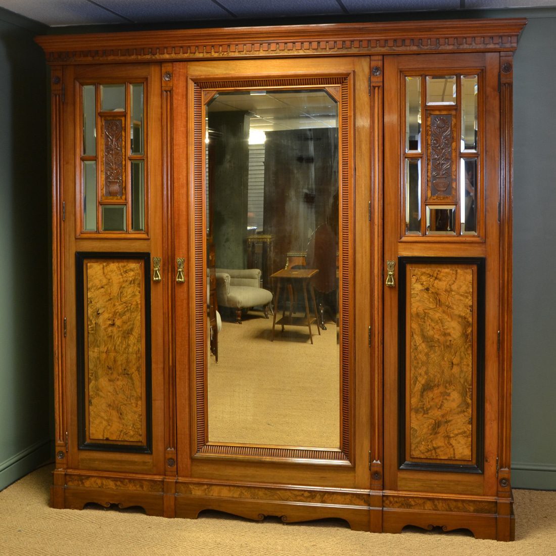 Magnificent Huge Victorian Golden Walnut Antique Triple Wardrobe by Harrison & Son Burnley