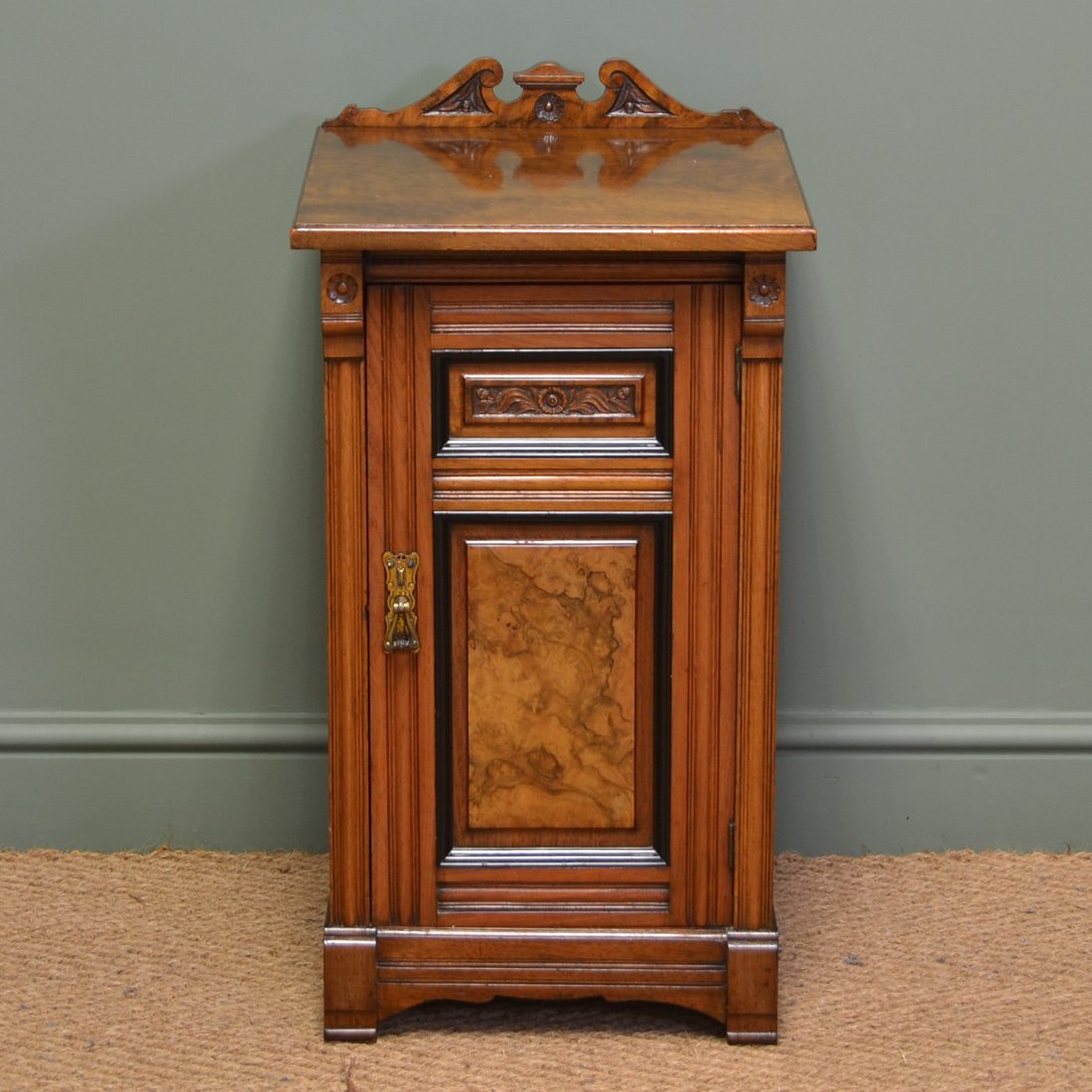 Victorian Figured Walnut Antique Bedside Cabinet, Constructed By Cabinet Makers Harrison & Son Burnley
