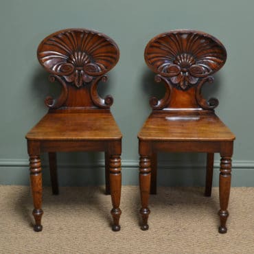 Spectacular Gillows Design Early Victorian Shell Carved Pair of Antique Mahogany Hall Chairs