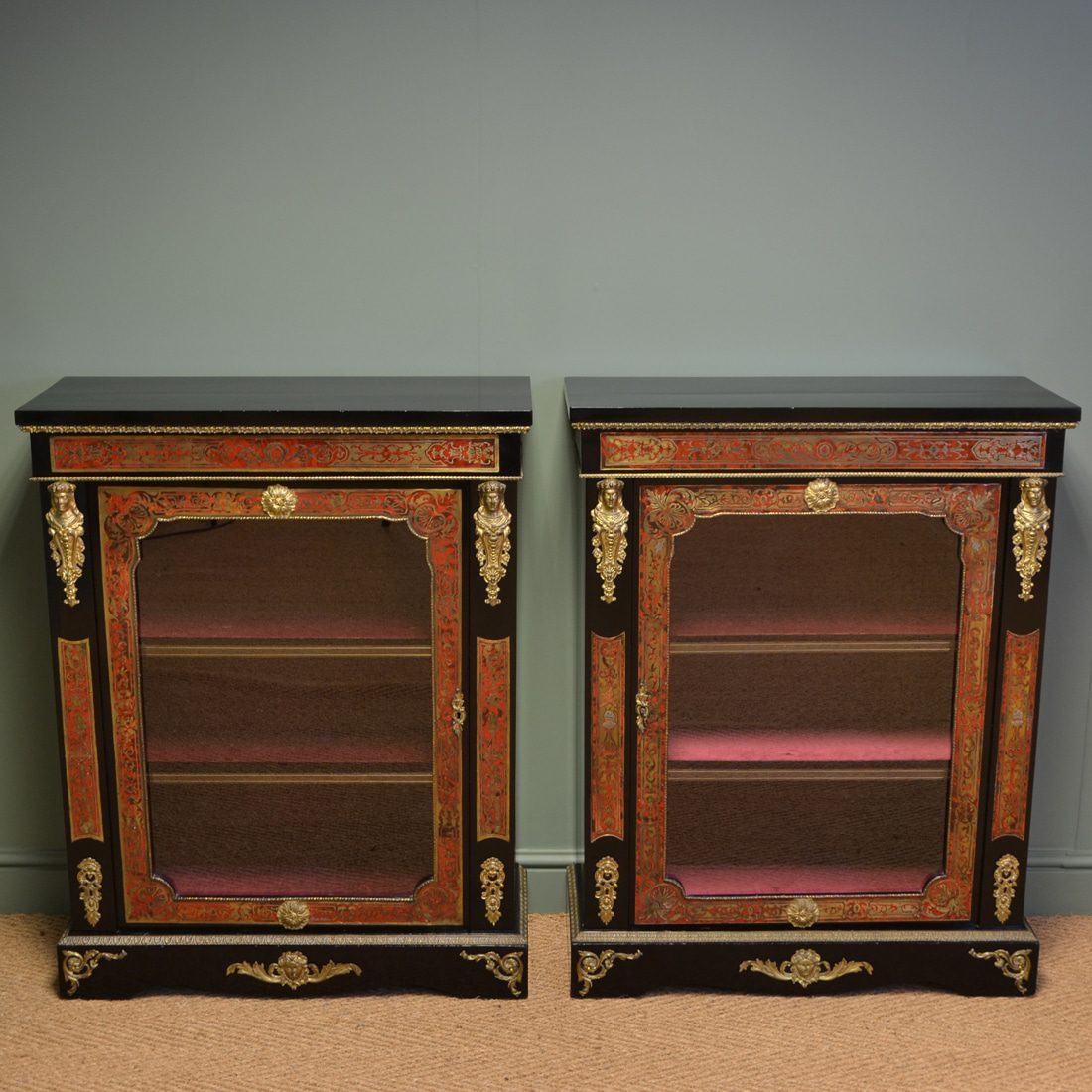 Spectacular Rare Pair Of Decorative Victorian Boulle Glazed Pier Cabinets
