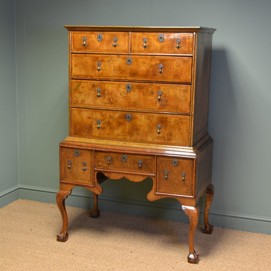 Magnificent Eighteenth Century Figured Walnut Antique Chest On Stand