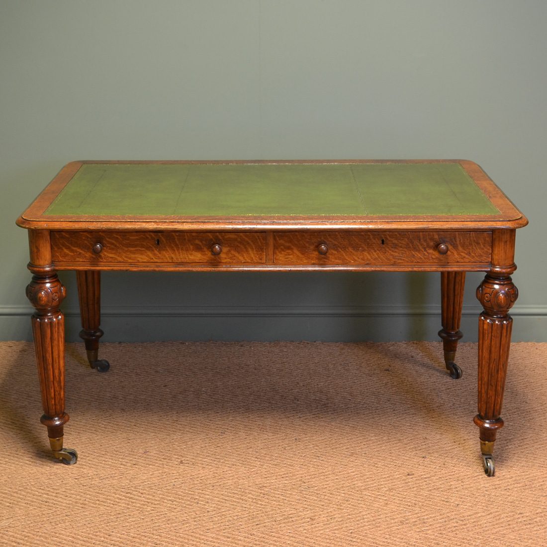 Spectacular Quality Figured Oak Victorian Antique Writing Table by Hindley & Sons