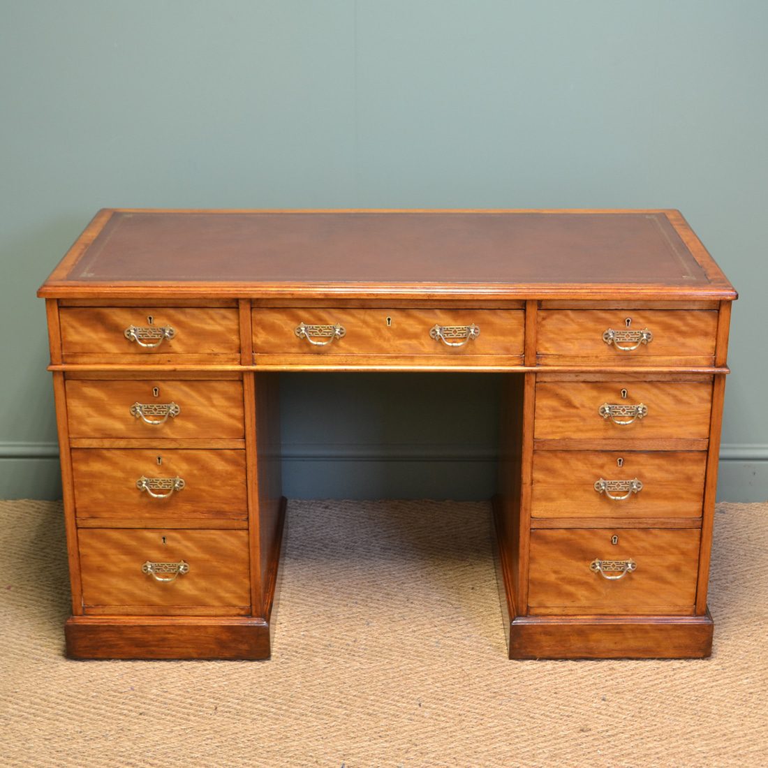 Spectacular Victorian JAS Shoolbred Satin Birch Antique Pedestal Desk