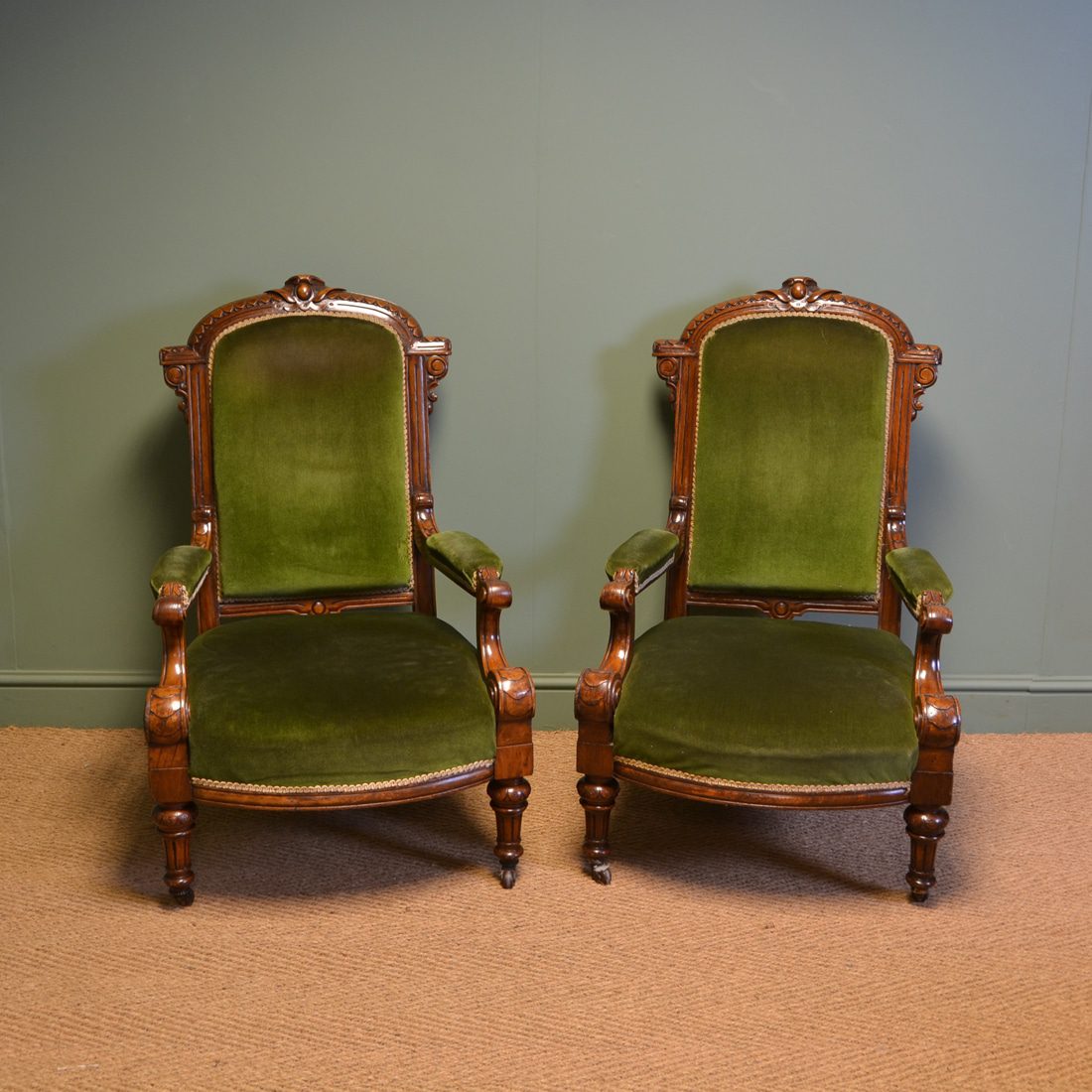 High Quality Pair Of Victorian Oak Antique Library Arm Chairs