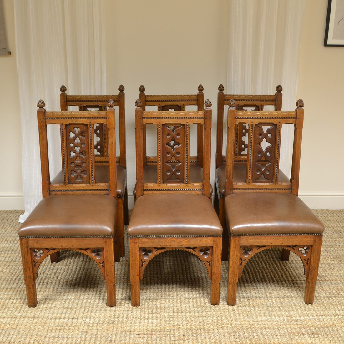 Rare Set Of Six Pugin Design Victorian Golden Oak Antique ...