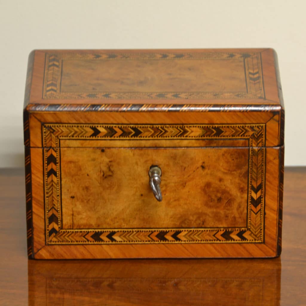 Stunning Burr Walnut, Tunbridge Inlaid Small Antique Tea Caddy