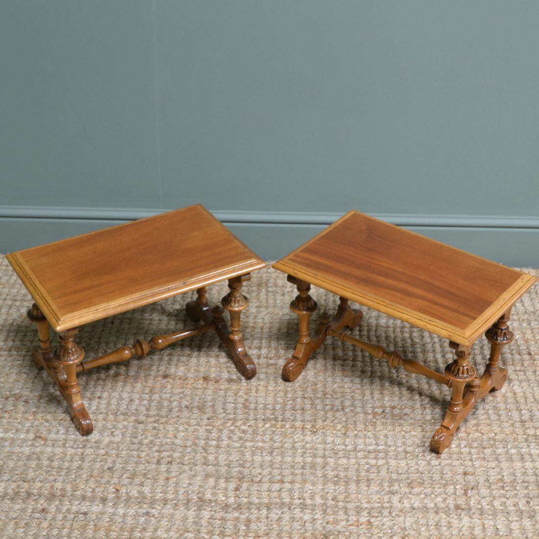 Unusual Pair Of Small Victorian Walnut Antique Coffee Tables