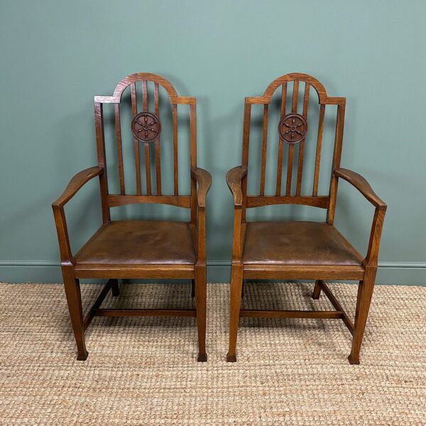 Unusual Pair of Edwardian Oak Carver Chairs by JAS. Shoolbred