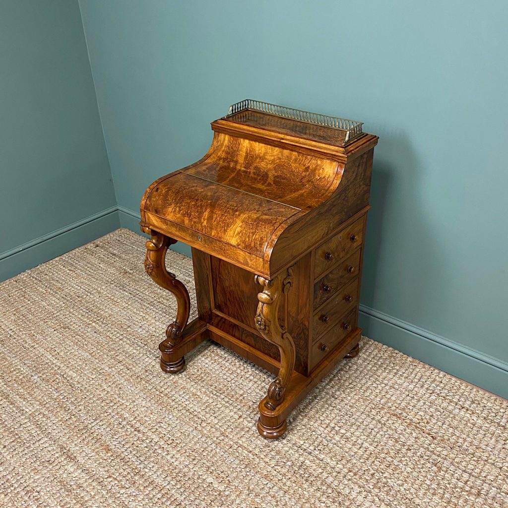 Sensational Victorian Burr Walnut Piano Top Antique Davenport Desk