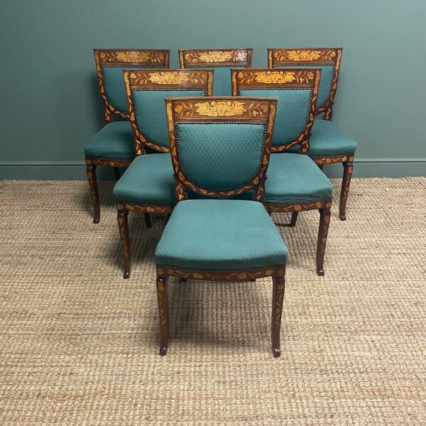 Set of Six Mahogany Dutch Marquetry Victorian Antique Dining Chairs