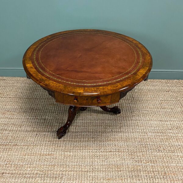 Unusual Victorian Burr Walnut Antique Drum Table