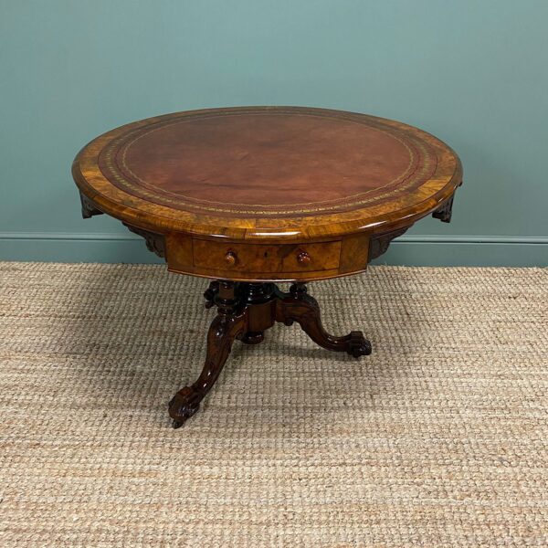 Unusual Victorian Burr Walnut Antique Drum Table