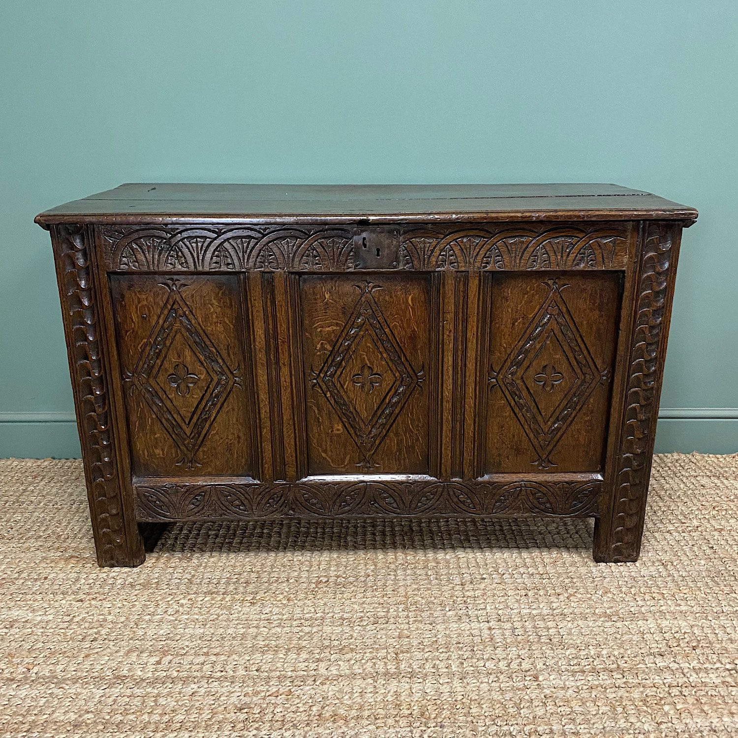 17th Century Period Oak Antique Carved Coffer - Antiques World