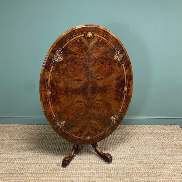 Magnificent Figured Walnut Inlaid Antique Oval Walnut Dining Table