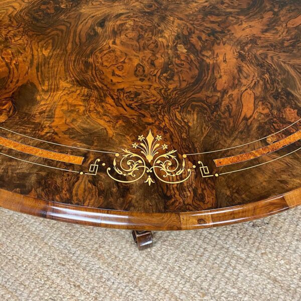 Magnificent Figured Walnut Inlaid Antique Oval Walnut Dining Table
