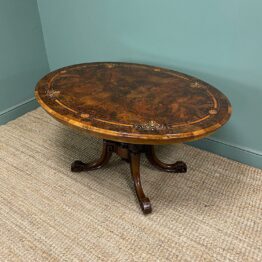 Magnificent Figured Walnut Inlaid Antique Oval Walnut Dining Table