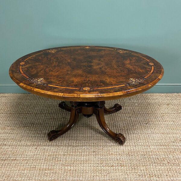 Magnificent Figured Walnut Inlaid Antique Oval Walnut Dining Table