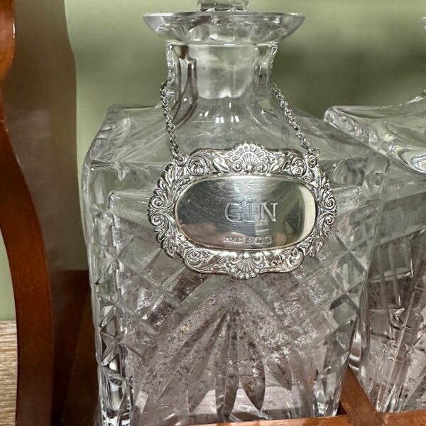 Stunning Mahogany Tantalus with Gin, Whiskey & Brandy Silver Decanter Labels