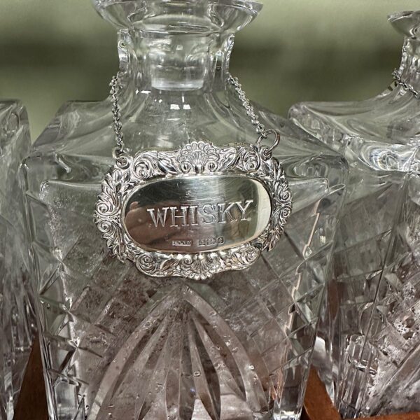 Stunning Mahogany Tantalus with Gin, Whiskey & Brandy Silver Decanter Labels