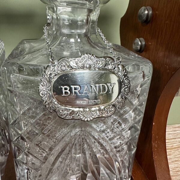 Stunning Mahogany Tantalus with Gin, Whiskey & Brandy Silver Decanter Labels
