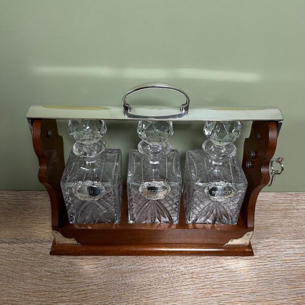 Stunning Mahogany Tantalus with Gin, Whiskey & Brandy Silver Decanter Labels