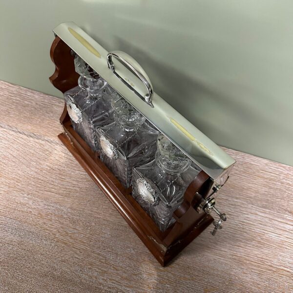 Stunning Mahogany Tantalus with Gin, Whiskey & Brandy Silver Decanter Labels