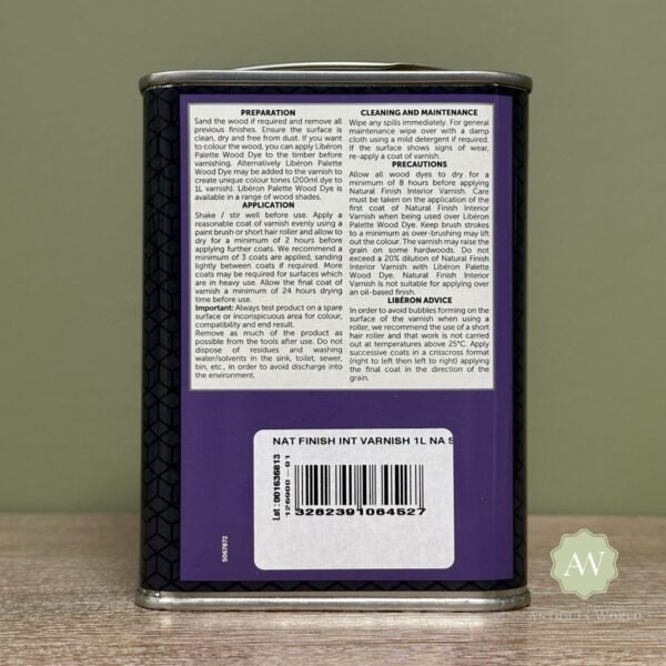 Liberon Natural Finish Interior Varnish back of tin with label