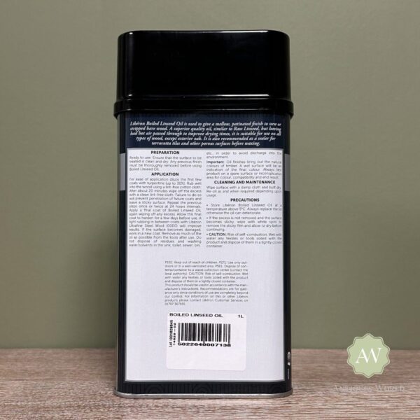Liberon Boiled Linseed Oil back of tin with label