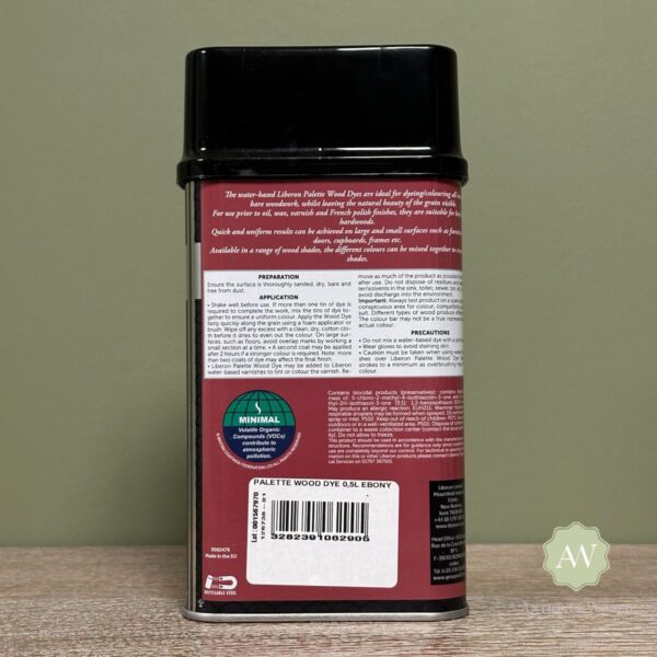 Liberon Palette Wood Dye back of tin with label